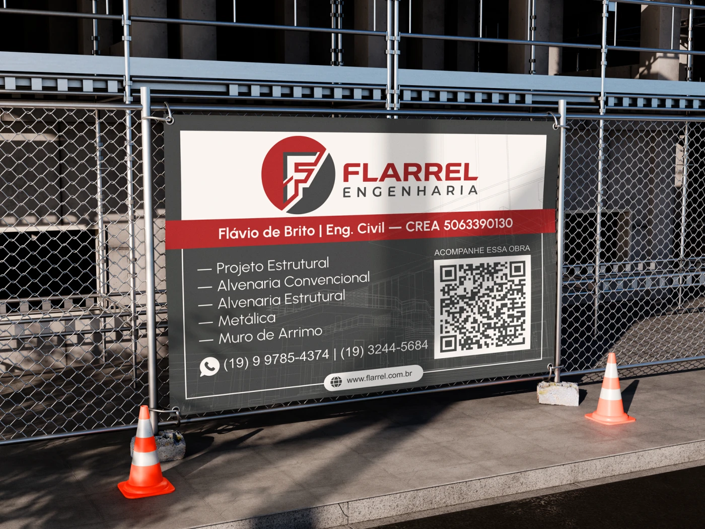 Arte de placa profissional para a empresa Flarrel Engenharia com QR Code e lista de serviços técnicos.