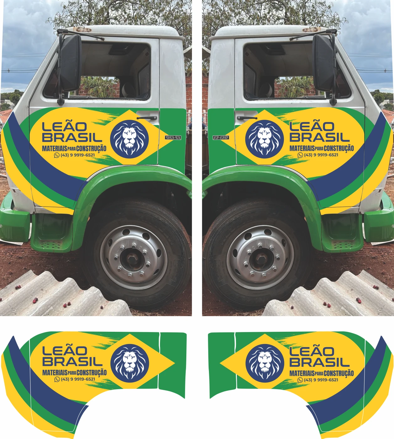 Arte estratégica para plotagem de caminhão da empresa Leão Brasil Materiais para Construção com mascote e cores vibrantes.
