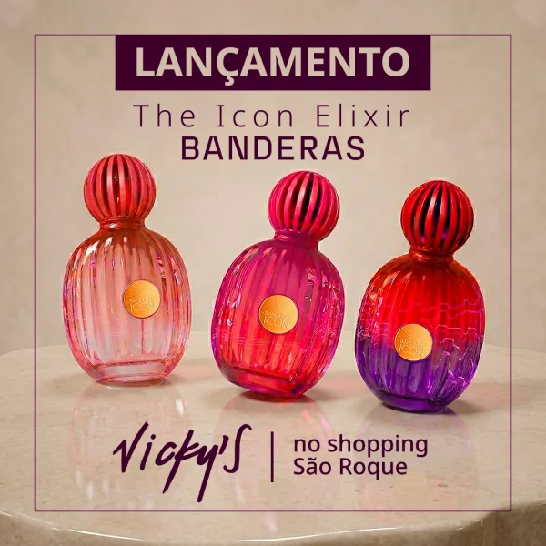 Arte para mídias sociais da loja Vicky's anunciando o lançamento do perfume The Icon Elixir de Banderas.