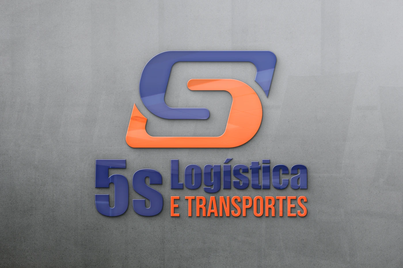 Logotipo moderno da empresa 5s Logística e Transportes nas cores azul e laranja aplicado sobre fundo cinza.