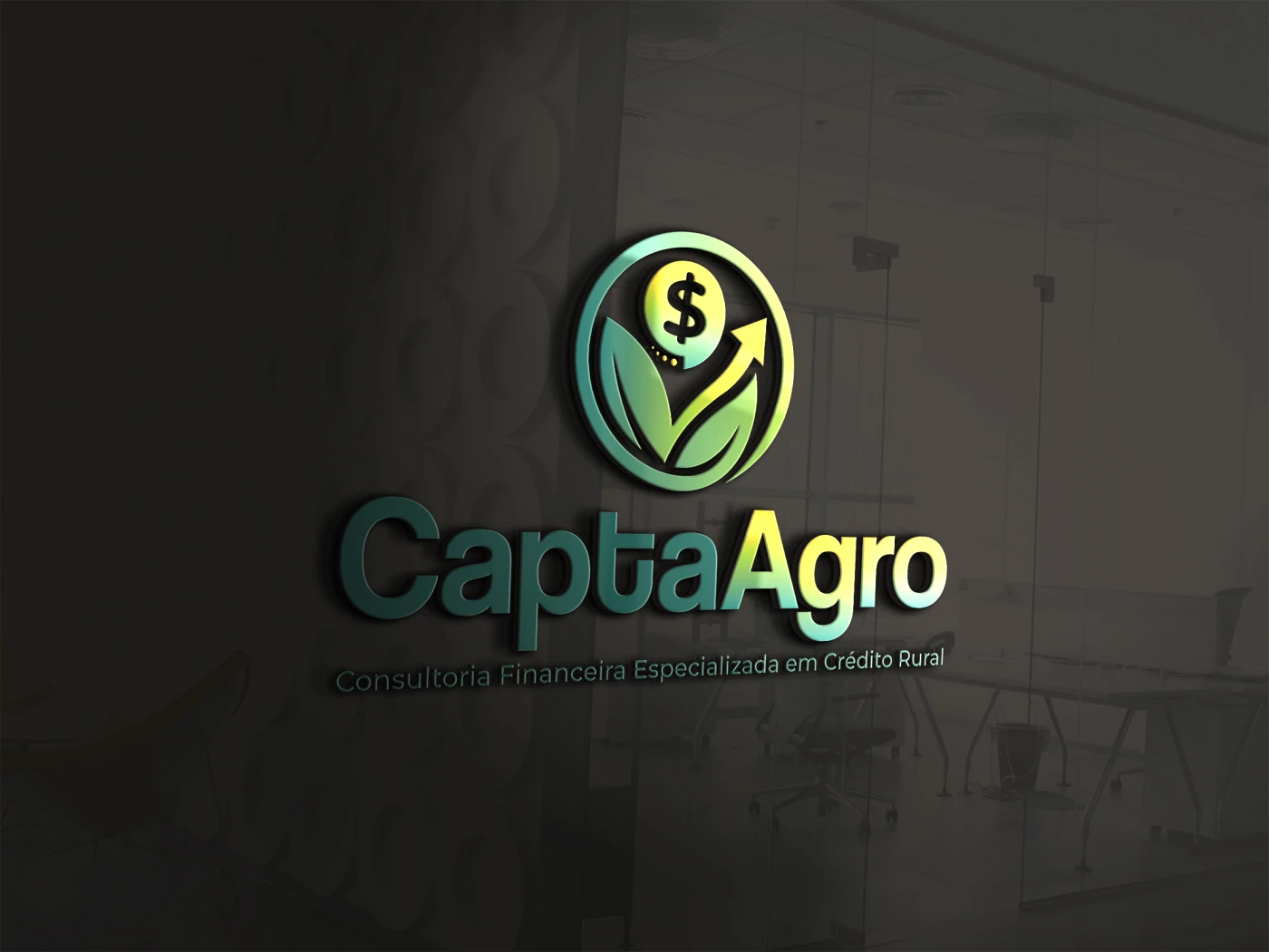 Logotipo da Capta Agro com símbolo de crescimento financeiro em relevo 3D sobre parede escura.