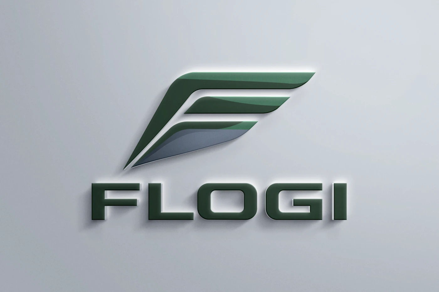 Logotipo Flogi para empresa de logística B2B em verde escuro e cinza com símbolo de F estilizado.