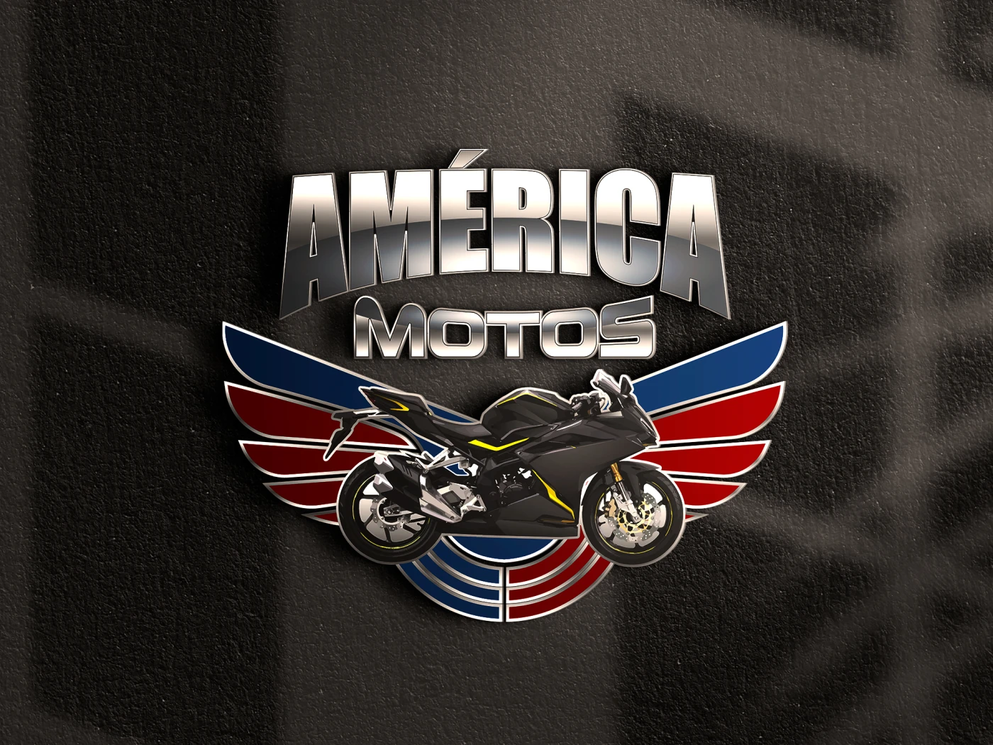 Logotipo metalizado em 3D da América Motos com ilustração de motocicleta esportiva e asas nas cores azul e vermelho.