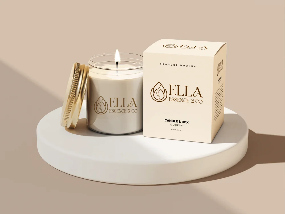 Embalagem de vela aromática Ella Essence com caixa bege e logotipo dourado em destaque.