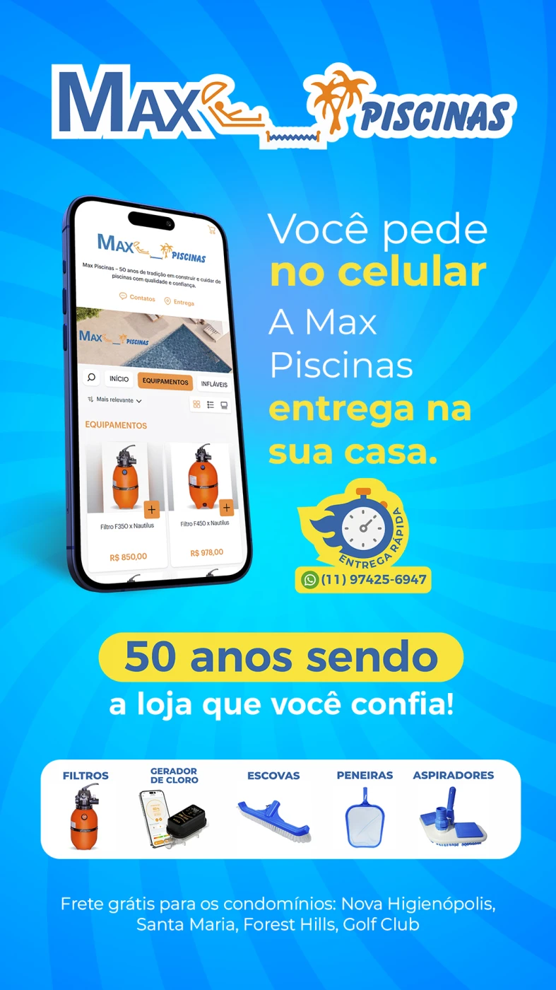 Design de Story para Max Piscinas mostrando serviço de entrega e variedade de produtos para manutenção de piscinas.